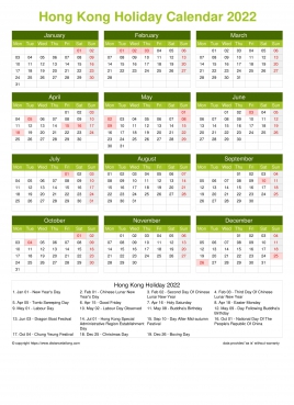 Calendar Horizintal Grid Mon Sun Hong Kong Holiday Natural Portrait 2022