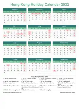 Calendar Horizintal Grid Mon Sun Hong Kong Holiday Watery Blue Portrait 2022