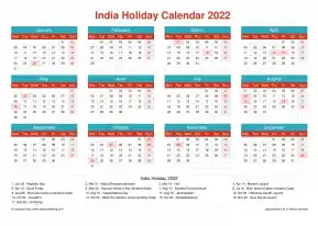 Calendar Horizintal Grid Mon Sun India Holiday Cheerful Bright Landscape 2022