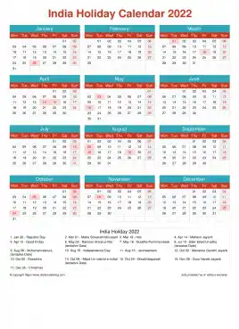 Calendar Horizintal Grid Mon Sun India Holiday Cheerful Bright Portrait 2022