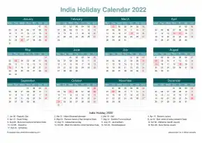 Calendar Horizintal Grid Mon Sun India Holiday Cool Blue Landscape 2022
