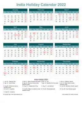 Calendar Horizintal Grid Mon Sun India Holiday Cool Blue Portrait 2022