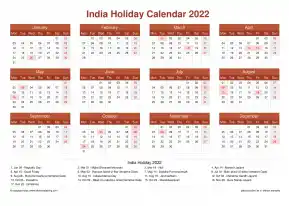 Calendar Horizintal Grid Mon Sun India Holiday Earth Landscape 2022