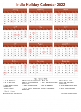 Calendar Horizintal Grid Mon Sun India Holiday Earth Portrait 2022