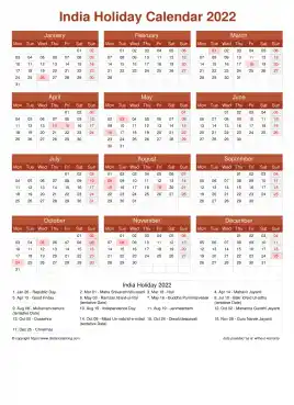 Calendar Horizintal Grid Mon Sun India Holiday Earth Portrait 2022