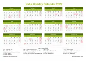 Calendar Horizintal Grid Mon Sun India Holiday Natural Landscape 2022
