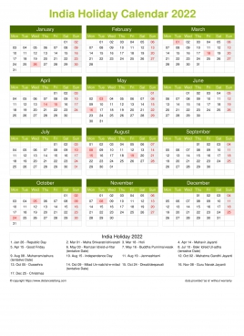 Calendar Horizintal Grid Mon Sun India Holiday Natural Portrait 2022