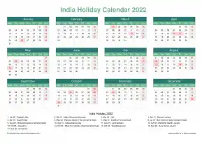 Calendar Horizintal Grid Mon Sun India Holiday Watery Blue Landscape 2022