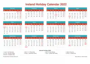 Calendar Horizintal Grid Mon Sun Ireland Holiday Cheerful Bright Landscape 2022