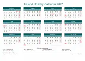 Calendar Horizintal Grid Mon Sun Ireland Holiday Cool Blue Landscape 2022