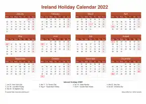Calendar Horizintal Grid Mon Sun Ireland Holiday Earth Landscape 2022
