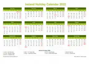Calendar Horizintal Grid Mon Sun Ireland Holiday Natural Landscape 2022