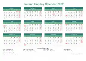 Calendar Horizintal Grid Mon Sun Ireland Holiday Watery Blue Landscape 2022