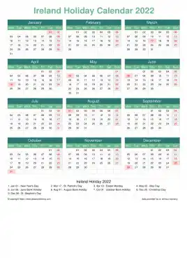 Calendar Horizintal Grid Mon Sun Ireland Holiday Watery Blue Portrait 2022