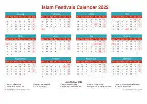 Calendar Horizintal Grid Mon Sun Islamic Holiday A4 Landscape Cheerful Bright 2022