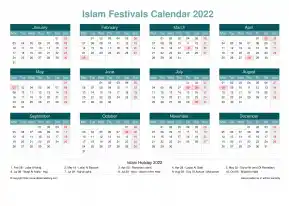 Calendar Horizintal Grid Mon Sun Islamic Holiday A4 Landscape Cool Blue 2022