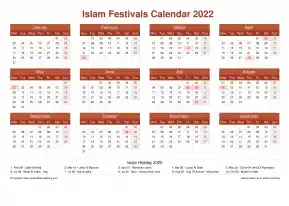 Calendar Horizintal Grid Mon Sun Islamic Holiday A4 Landscape Earth 2022