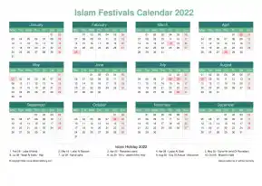 Calendar Horizintal Grid Mon Sun Islamic Holiday A4 Landscape Watery Blue 2022