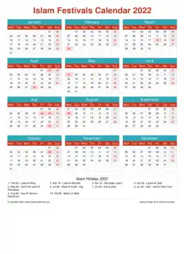 Calendar Horizintal Grid Mon Sun Islamic Holiday A4 Portrait Cheerful Bright 2022