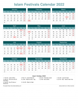 Calendar Horizintal Grid Mon Sun Islamic Holiday A4 Portrait Cool Blue 2022