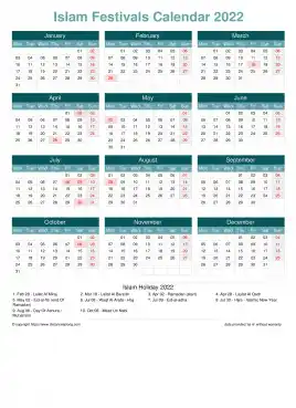 Calendar Horizintal Grid Mon Sun Islamic Holiday A4 Portrait Cool Blue 2022
