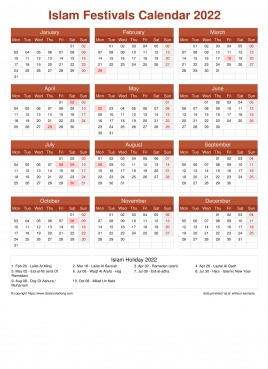 Calendar Horizintal Grid Mon Sun Islamic Holiday A4 Portrait Earth 2022