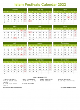 Calendar Horizintal Grid Mon Sun Islamic Holiday A4 Portrait Natural 2022