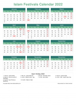 Calendar Horizintal Grid Mon Sun Islamic Holiday A4 Portrait Watery Blue 2022