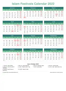 Calendar Horizintal Grid Mon Sun Islamic Holiday A4 Portrait Watery Blue 2022