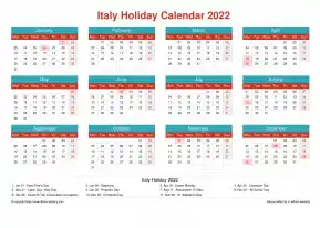 Calendar Horizintal Grid Mon Sun Italy Holiday Cheerful Bright Landscape 2022