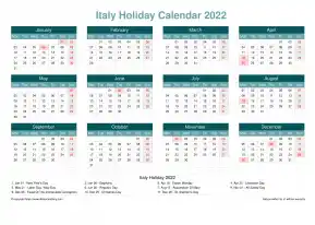 Calendar Horizintal Grid Mon Sun Italy Holiday Cool Blue Landscape 2022