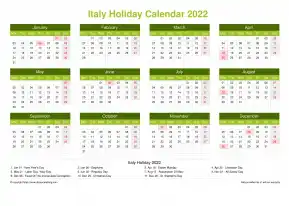 Calendar Horizintal Grid Mon Sun Italy Holiday Natural Landscape 2022