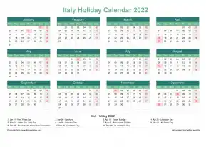 Calendar Horizintal Grid Mon Sun Italy Holiday Watery Blue Landscape 2022