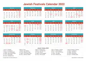 Calendar Horizintal Grid Mon Sun Jewish Holiday A4 Landscape Cheerful Bright 2022