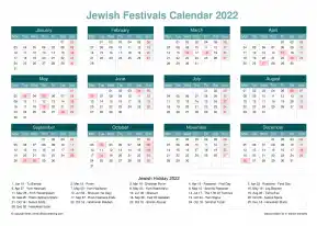Calendar Horizintal Grid Mon Sun Jewish Holiday A4 Landscape Cool Blue 2022