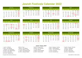 Calendar Horizintal Grid Mon Sun Jewish Holiday A4 Landscape Natural 2022
