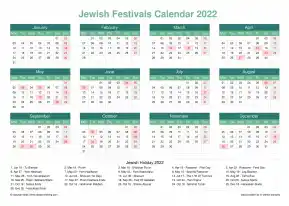 Calendar Horizintal Grid Mon Sun Jewish Holiday A4 Landscape Watery Blue 2022