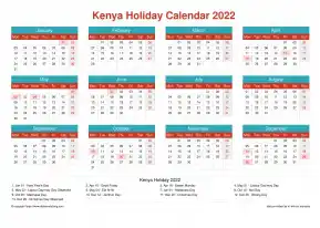 Calendar Horizintal Grid Mon Sun Kenya Holiday Cheerful Bright Landscape 2022