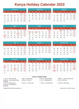 Calendar Horizintal Grid Mon Sun Kenya Holiday Cheerful Bright Portrait 2022
