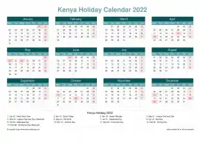Calendar Horizintal Grid Mon Sun Kenya Holiday Cool Blue Landscape 2022