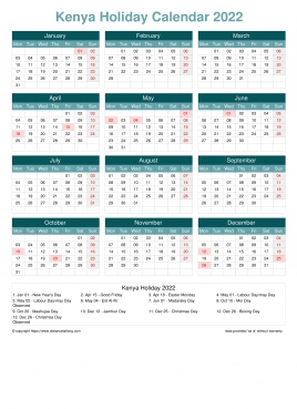 Calendar Horizintal Grid Mon Sun Kenya Holiday Cool Blue Portrait 2022