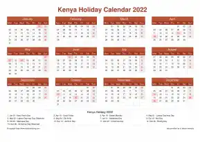 Calendar Horizintal Grid Mon Sun Kenya Holiday Earth Landscape 2022