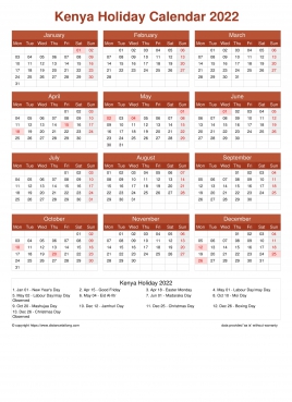 Calendar Horizintal Grid Mon Sun Kenya Holiday Earth Portrait 2022
