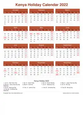 Calendar Horizintal Grid Mon Sun Kenya Holiday Earth Portrait 2022