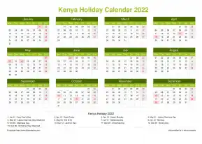 Calendar Horizintal Grid Mon Sun Kenya Holiday Natural Landscape 2022