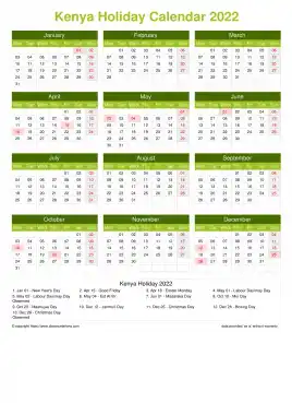 Calendar Horizintal Grid Mon Sun Kenya Holiday Natural Portrait 2022