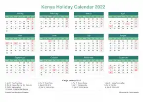 Calendar Horizintal Grid Mon Sun Kenya Holiday Watery Blue Landscape 2022