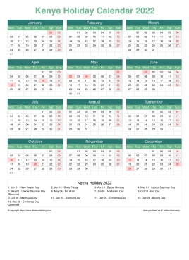 Calendar Horizintal Grid Mon Sun Kenya Holiday Watery Blue Portrait 2022