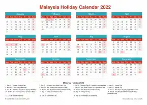 Calendar Horizintal Grid Mon Sun Malaysia Holiday Cheerful Bright Landscape 2022