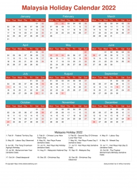 Calendar Horizintal Grid Mon Sun Malaysia Holiday Cheerful Bright Portrait 2022